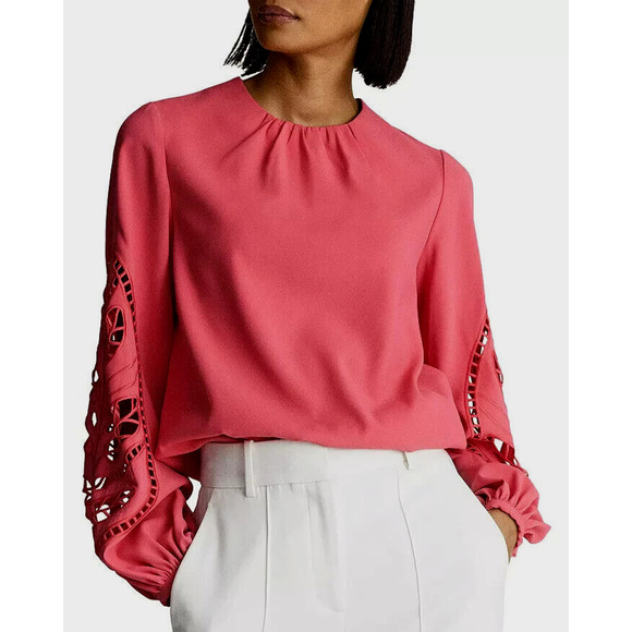 Reiss Tops - Reiss Belle Laser Cutout Blouse Size 4 Coral Pink Rose Keyhole Long Sleeve Top